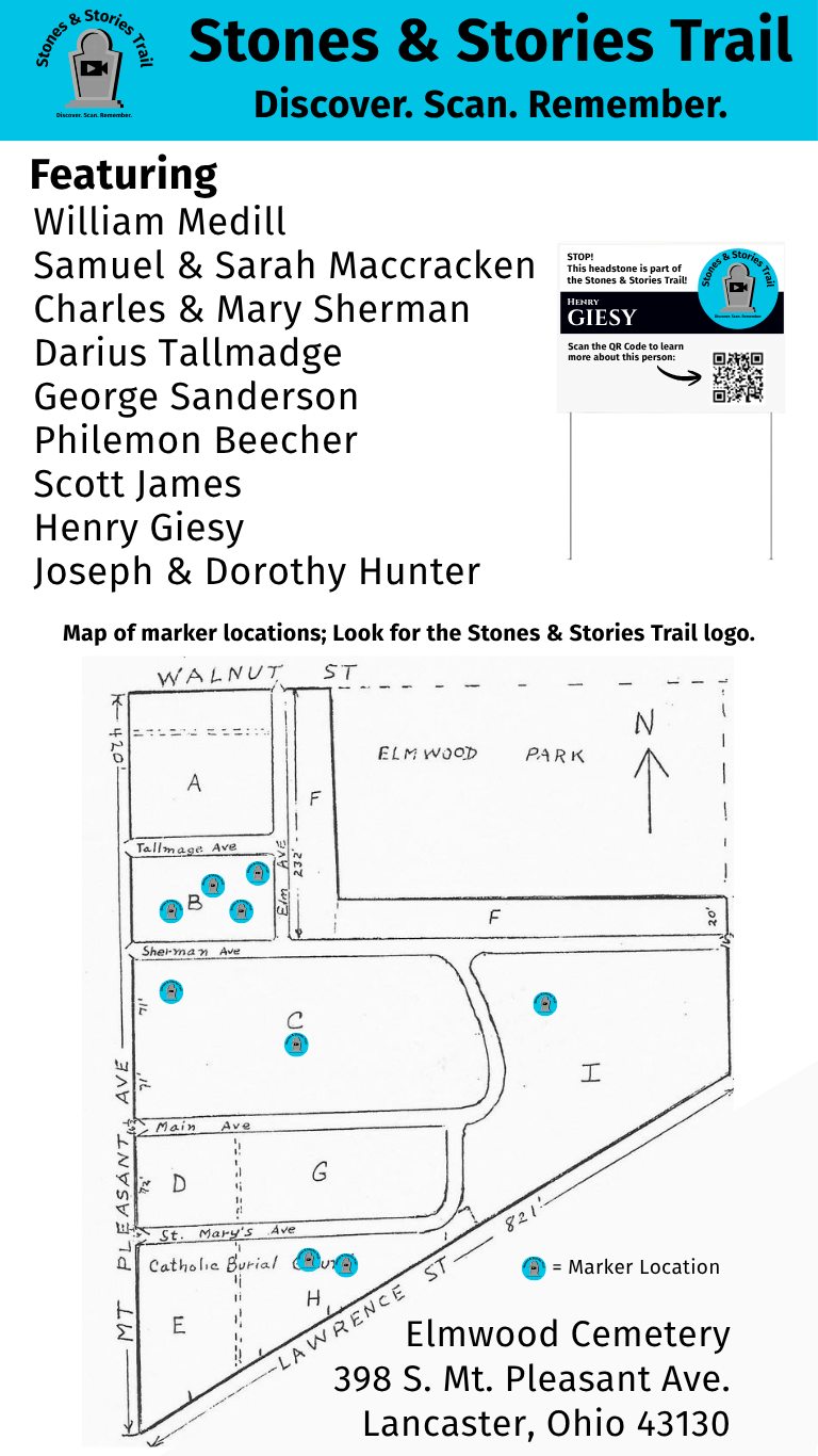 Stones and Stories Trail marker sign with the trail logo and a QR code, posted beside a headstone at Elmwood Cemetery in Lancaster, Ohio